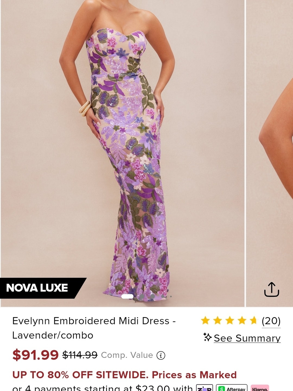 Fashion Nova Lavender Floral Embroidered Strapless Midi Dress